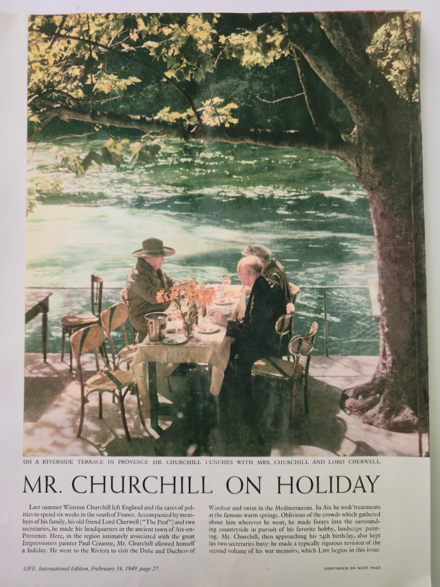 Winston Churchill lunching on a terrace in Provence, Life Magazine, 1949