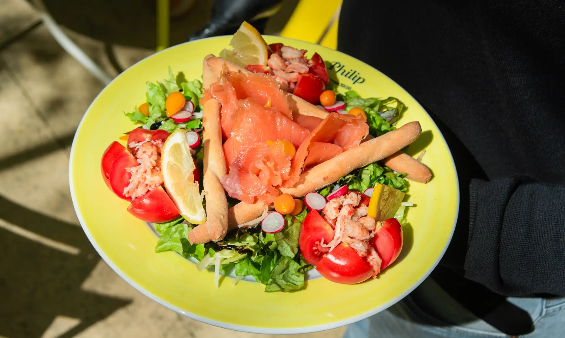 Smoked trout salad with crayfish tails and grissini, Restaurant Philip